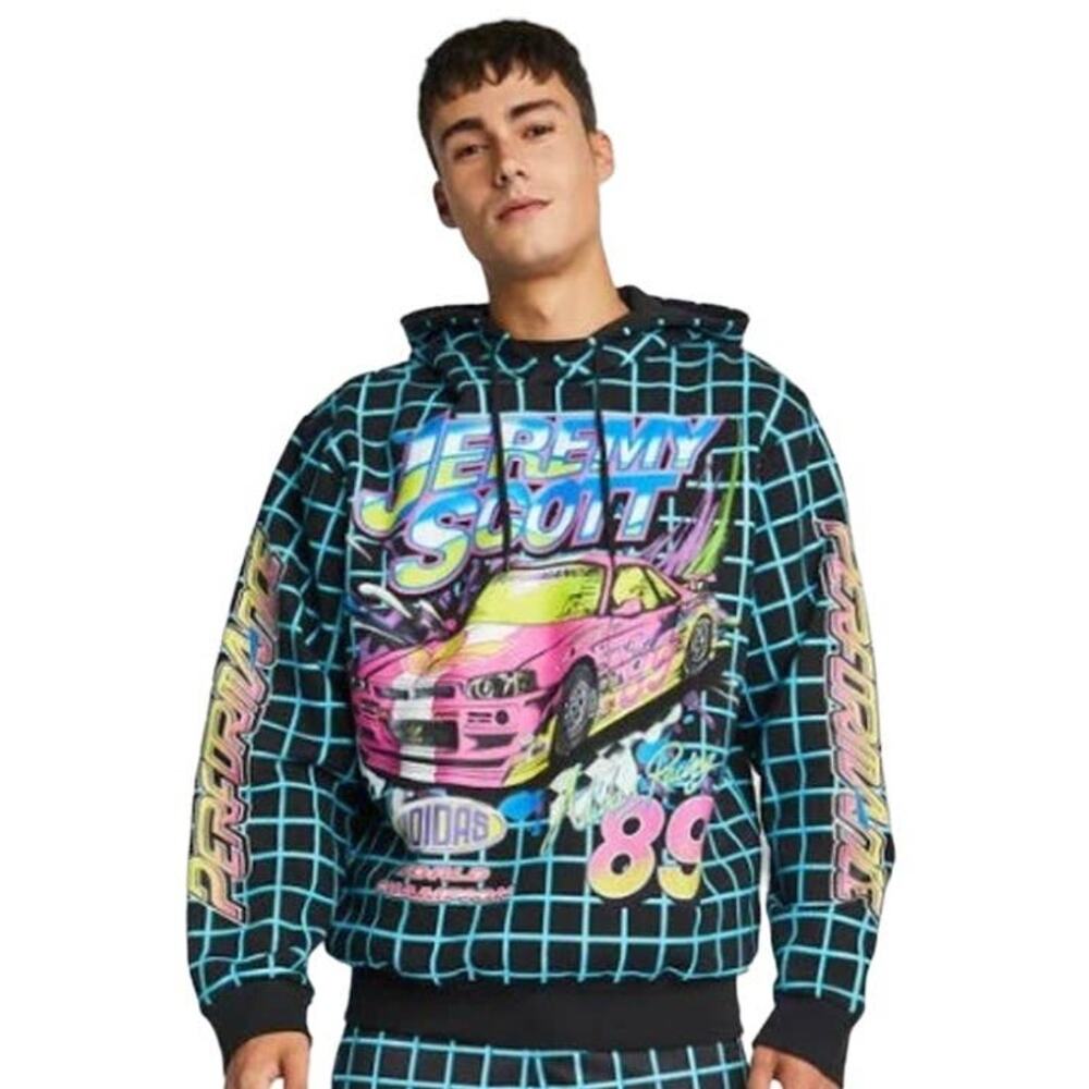 Jeremy Scott adidas Black Hoodie with Teal Grid & Pink Neon Car Graphic